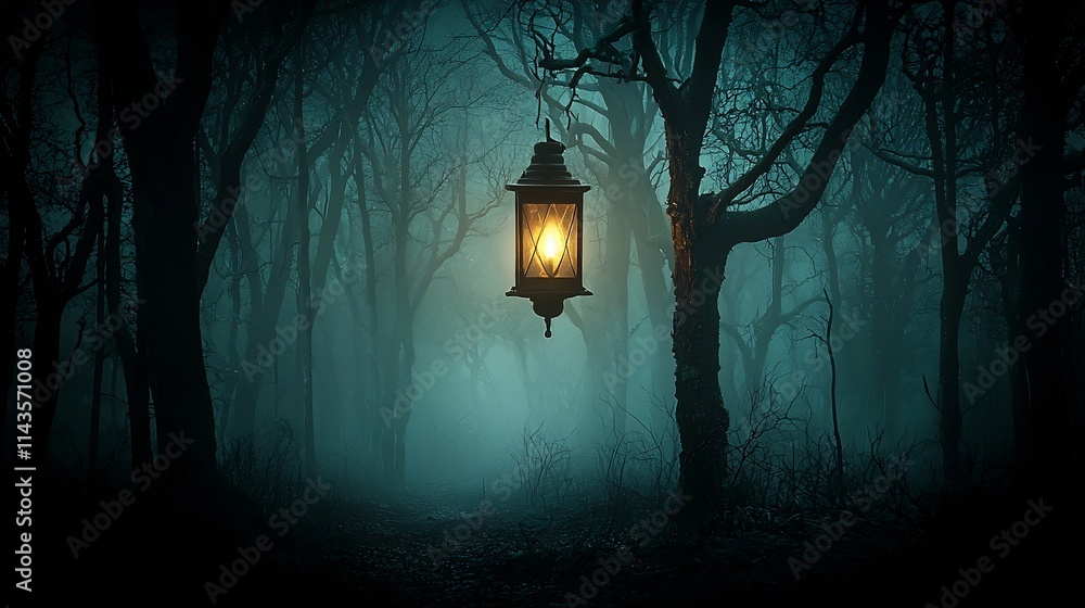 Poster a single glowing lantern floating upward through a dark mystical forest lighting the path and symbol