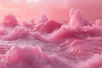 Pink Ocean Waves and Foam Under Pink Sky