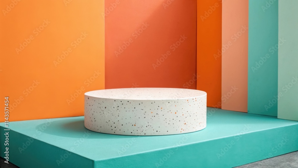 Poster a minimalist display featuring a circular platform against vibrant colored walls, creating a modern 