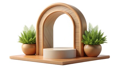 A modern display with a wooden arch and potted plants, showcasing a minimalist aesthetic perfect for decor or product presentation.