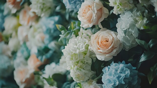 Delicate roses and hydrangeas create a floral wall