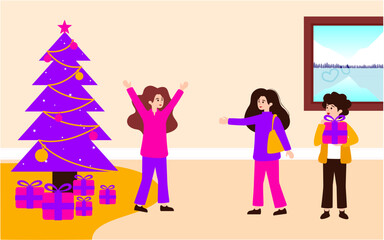 Flat Illustration of Celebrating Christmas Night Together with Friends.