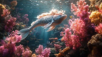 Obraz premium Whimsical fish swims through vibrant coral reef.