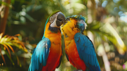 Naklejka premium Parrots engaging in non-verbal interaction, colorful feathers, tropical setting, lively expressions