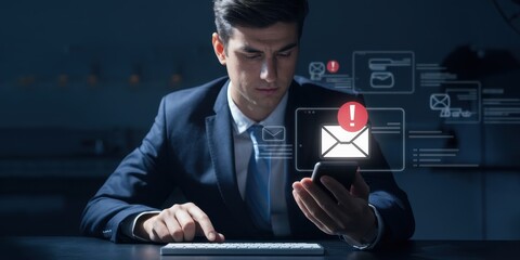 Businessman receives urgent email alert on his mobile device