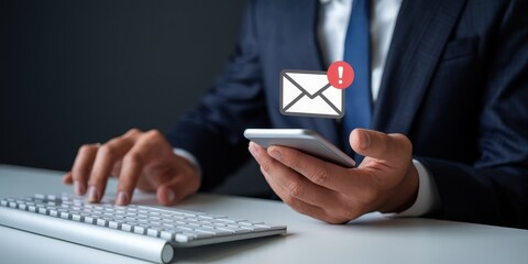 Businessman receives important email notification on his smartphone