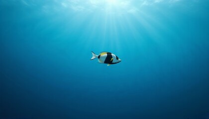 Fototapeta premium Moorish idol fish swimming in open ocean under sunlight rays