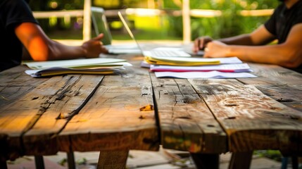 Two friends engaged in deep conversation over research papers and open laptops on a wooden table, collaborative study and academic discussion concept.