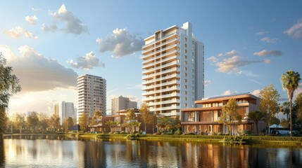 Modern apartment building with a lake in front and lush foliage. AI generative. .