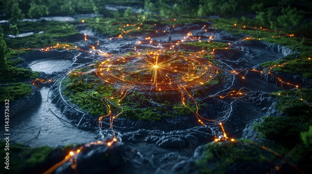 Poster combating climate change conceptual image of nature's resilience digital landscape illuminated envir