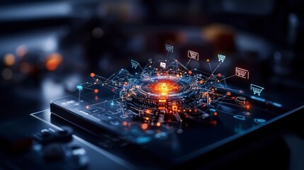Fototapeta premium Ecommerce integration in a futuristic virtual space bird's eye view concept art of digital framework technology