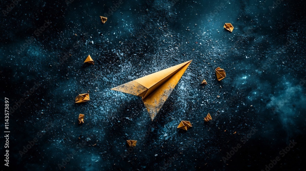 Poster a surreal image depicting the crash landing of a paper airplane on a dark moody surface surrounded b