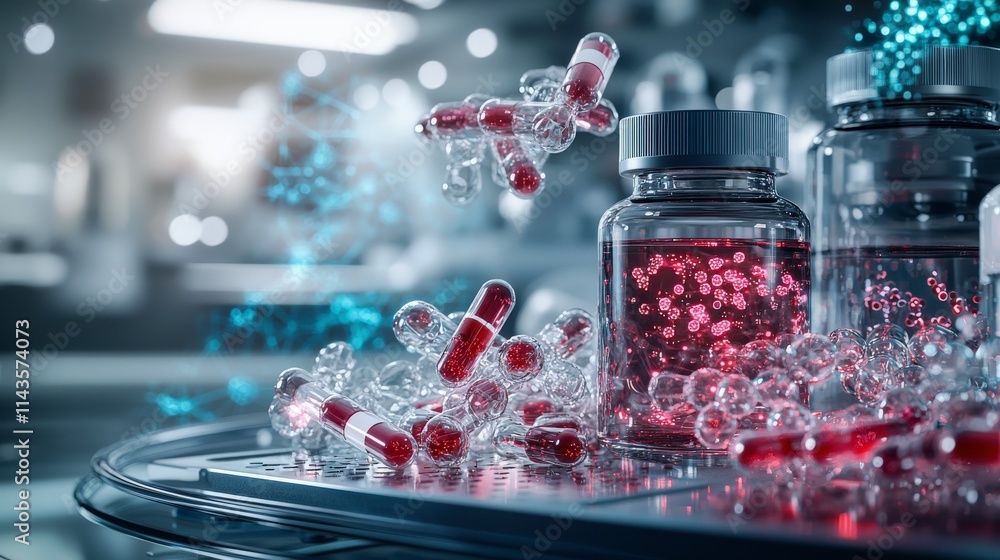 Fototapete dynamic visualization of pharmaceutical advancement in a laboratory setting with capsules and molecu