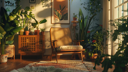 Poster mockup in a home living room, surrounded by plants and decor, warm ambiance for artistic displays
