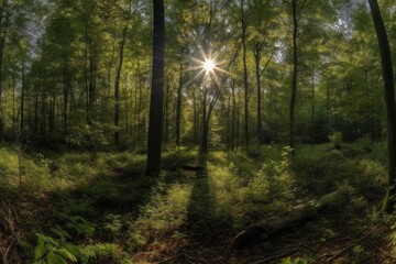 Fototapeta premium Sunlight filters through lush green trees in a dense forest. AI generative. .