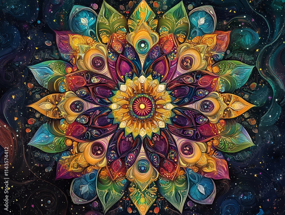 Poster a vibrant mandala design with intricate patterns and colors, symbolizing harmony and balance.