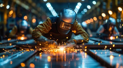 A welder wearing protective gear works on a metal structure, sparks flying in the air. AI generative. .