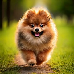 A happy brown Pomeranian, tongue out, joyfully races through the green park on a sunny day, the light catching its beautiful fur&mdash;an unforgettable moment for any dog owner to cherish.