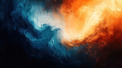 Fototapeta premium Abstract swirling blue and orange clouds against a dark background.