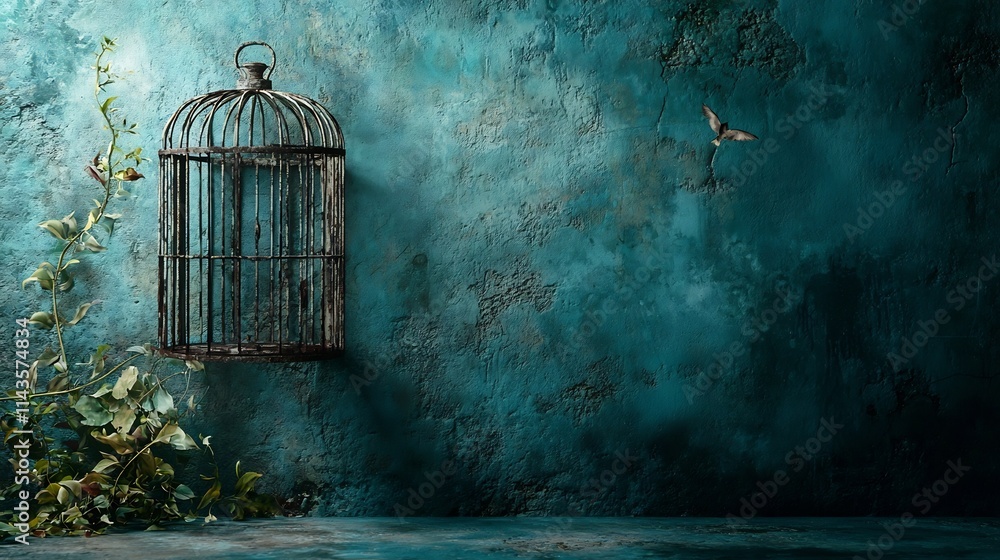 Poster opened birdcage with its door wide open standing alone against a grey background symbolizing the los