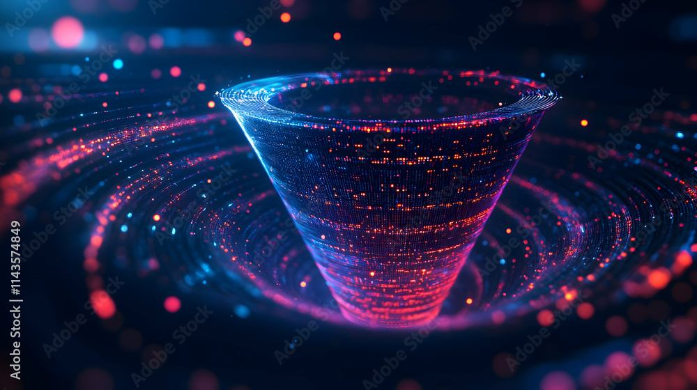 Poster abstract data funnel visualization with glowing particles and swirling energy.