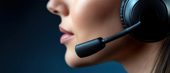 A close-up of a woman wearing a headset, focusing on her profile against a dark background, suggesting communication and professionalism.