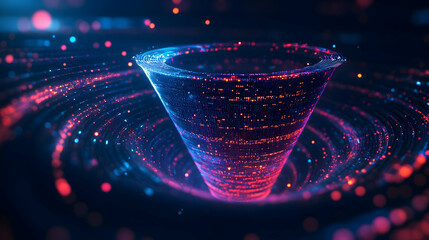 Abstract data funnel visualization with glowing particles and swirling energy.