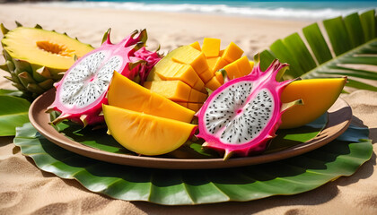 "Photorealistic Presentation of Sliced Dragon Fruit and Mango Arranged on a Tropical Leaf with Warm Sunny Lighting and a Blurred Tropical Beach Background – Vibrant Exotic Summer Vibes"
