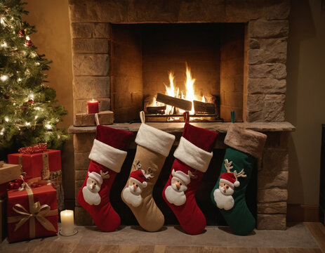 Festive christmas stockings hanging by the fireplace with holiday decorations. AI Generative