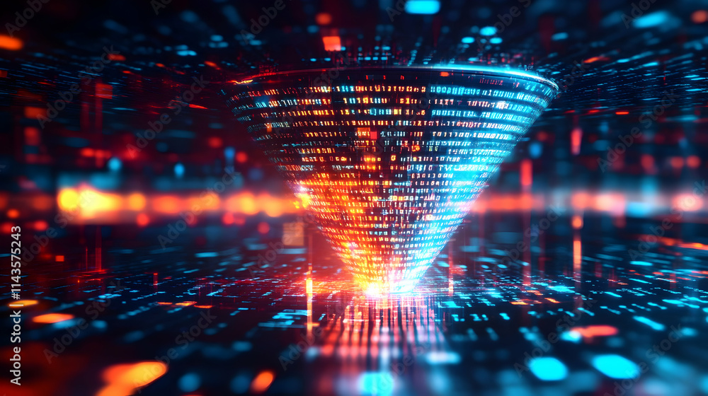 Poster abstract digital data funnel visualization with glowing particles.