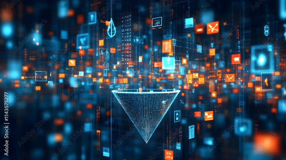 Poster abstract digital data funnel visualization.