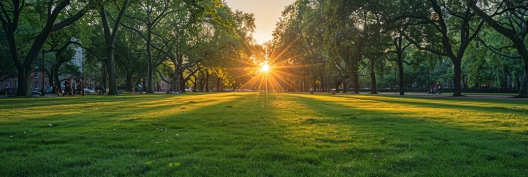 Golden sunlight bursts through a line of trees casting long shadows on a grassy field. AI generative. .