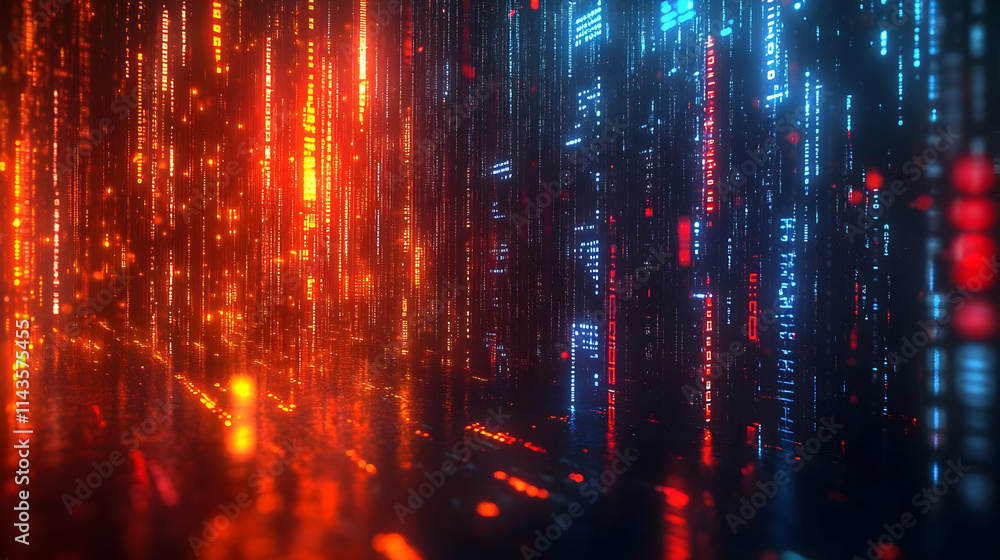 Poster abstract digital data stream with red and blue glowing lines.