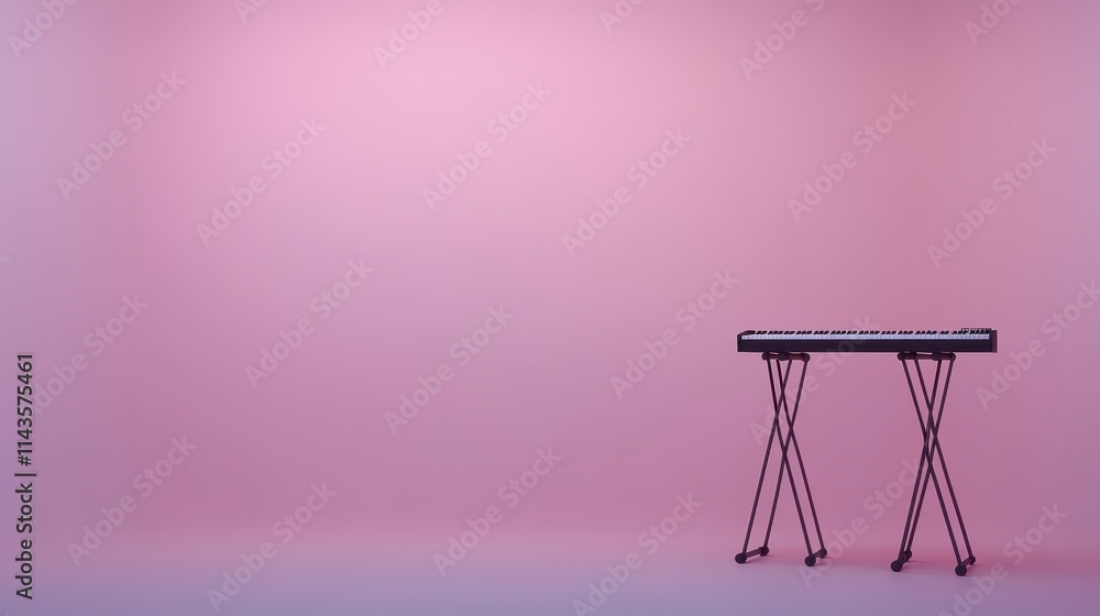 Poster a simple scene featuring a keyboard on a minimalist pink background, creating a vibrant and artistic