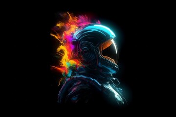 Astronaut in blue helmet with colorful smoke behind them. AI generative. .