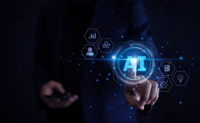 businessman interacting with an AI-powered interface, symbolizing the use of artificial...