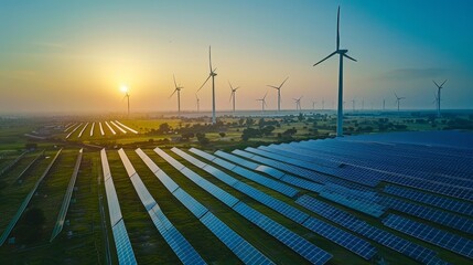 Solar panels in field with wind turbines in the distance at sunset. AI generative. .
