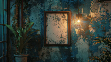Retro frame mockup with aged finishes, cozy lighting on a vintage wall, ideal for throwback poster designs