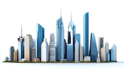Fototapeta premium A modern city skyline featuring tall glass skyscrapers against a white background, showcasing architectural diversity and urban development.