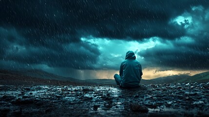 Obraz premium Lone figure sitting solitary under a dark brooding storm cloud as rain pours down only on them symbolizing a state of isolation and despair amidst a brighter more hopeful world