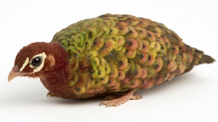 Obraz premium A colorful, stylized bird with a rounded body and intricate feather patterns, showcasing shades of green, brown, and hints of red.