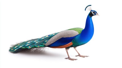Fototapeta premium A vibrant peacock with striking blue and green feathers stands elegantly, showcasing its colorful plumage against a white background.