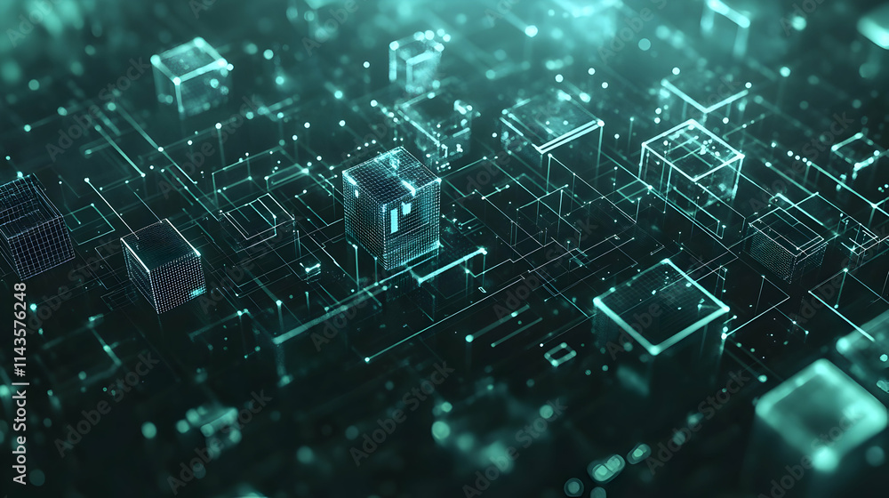 Poster abstract digital network with glowing cubes and lines.