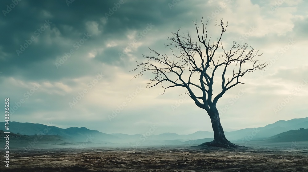 Aufkleber a desolate skeletal tree reaching its bare twisted branches up towards a gloomy gray sky in a desola