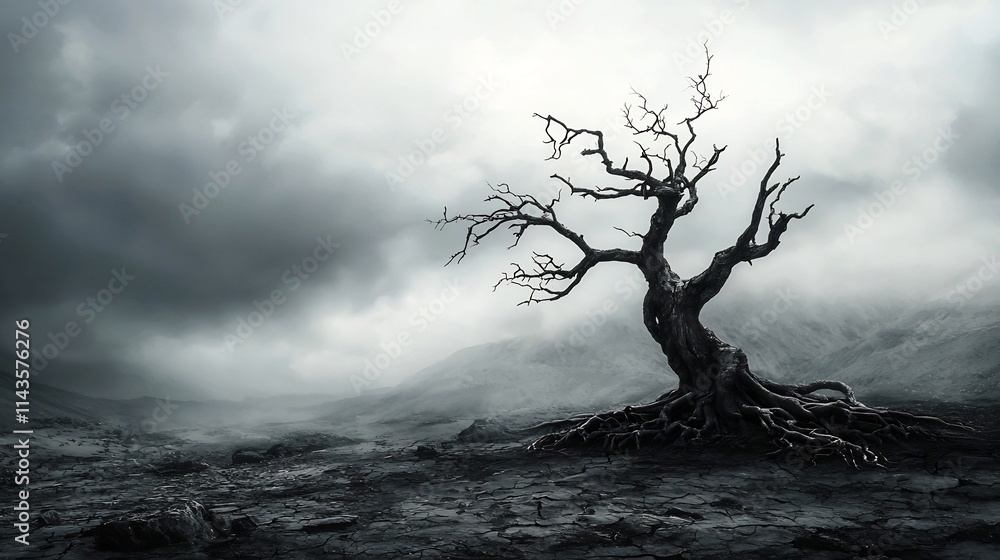 Poster eerie lifeless tree with bare skeletal branches reaching up towards a bleak gray sky in a desolate b