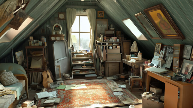 attic where everything is just thrown in, with a sense of the challenge in finding anything