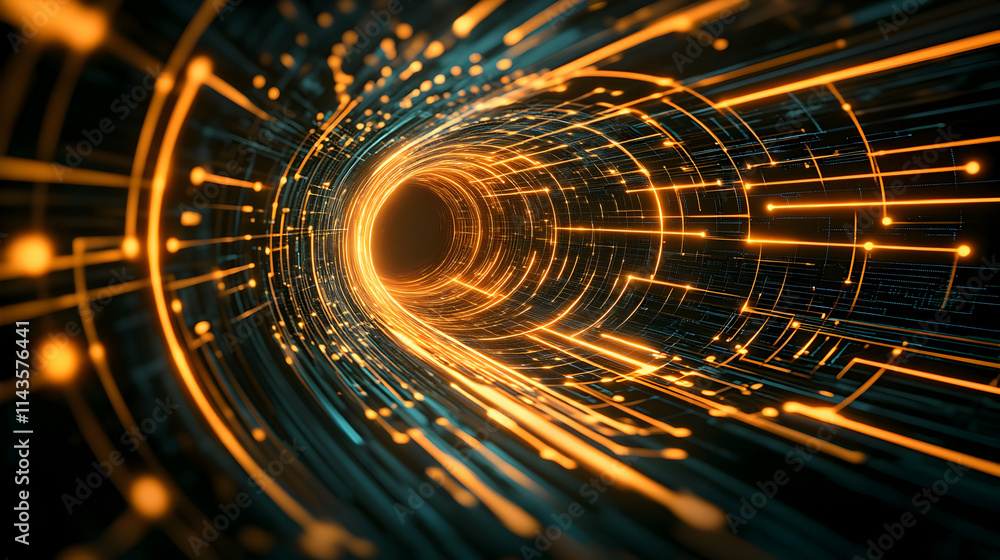 Aufkleber abstract digital tunnel with glowing lines and circles.