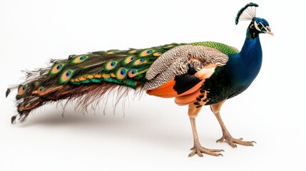 Obraz premium A vibrant peacock displaying its colorful feathers, showcasing a mix of blue, green, and gold hues, standing against a plain background.