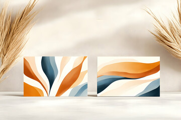 Abstract art prints, autumnal palette, pampas grass backdrop, design mockup, branding.