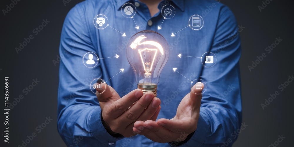 Poster man holds illuminated lightbulb symbolizing ideas and connections